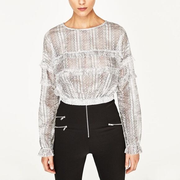 Zara Tops - Zara Printed Lace Top with Frills Silver Gray White Small New
